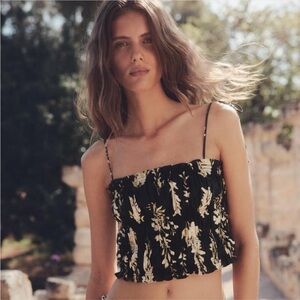 H&M SMOCKED TOP WITH TIE SHOULDER STRAPS BLACK FLORAL - NWT